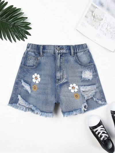 Girls' Casual Loose Fit Flower Printed Heavy Wash Ripped Denim Shorts With Frayed Hem