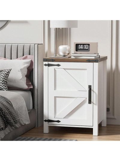 Farmhouse End Table with Charging Station, 17.7" Side Tables Living Room with Barn Door & Adjustable Shelf, Bed Side Table/Nightstand w/Magnetic Door for Bedroom