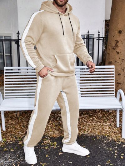 Extended Sizes Men'S Plus Size Side Striped Hooded Sweatshirt And Pants Set