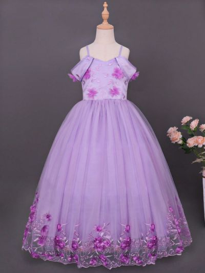 Tween Girls' Elegant And Romantic Purple 3d Flower Embroidery Mesh Spliced Off Shoulder Halter Formal Dress Suitable For Evening Party, Banquet, Birthday Party And Other Occasions