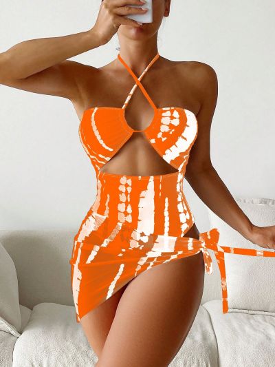 SHEIN Swim Graphic Print Cut Out Halter One Piece Swimsuit With Beach Skirt,Summer Beach