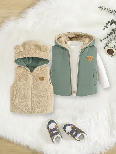 SHEIN Baby Boy 1pc Bear Embroidery 3D Ear Design Hooded Fleece Vest Coat