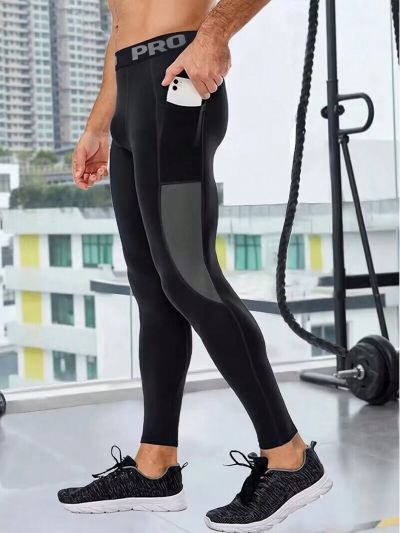 Men's Letter Print Sports Leggings With Pockets