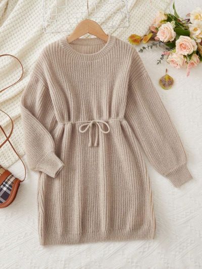 Young Girl Solid Color Long Sleeve Sweater Dress