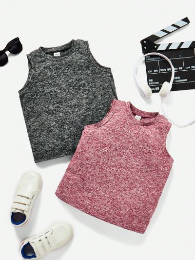 SHEIN Kids EVRYDAY Boys Two Piece Set Of Casual And Comfortable Solid Color Vest Tops