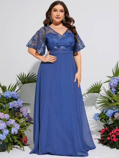 Plus Embroidery Mesh Butterfly Sleeve Bridesmaid Dress