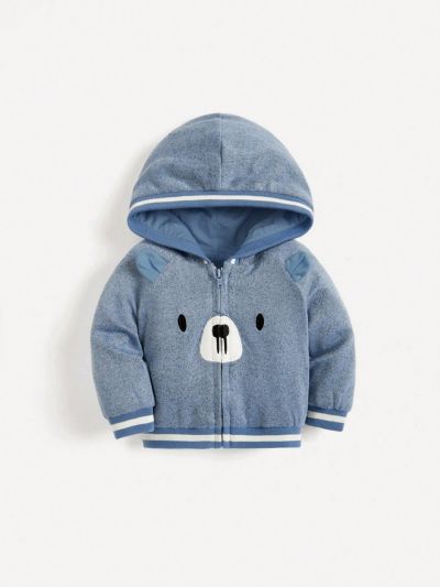 SHEIN Newborn Baby Boys' Cartoon Animal Embroidered Hooded Jacket With Raglan Sleeve