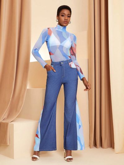 Stanislava Norets Jeans-Look Print Splicing Bell-Bottoms