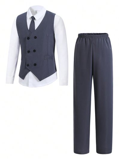Tween Boy's Gentleman Style 2pcs Set, Dark Grey Double Breasted Vest And Pants, Suitable For Birthday Parties, Evening Events, Performances, Weddings And Festivals