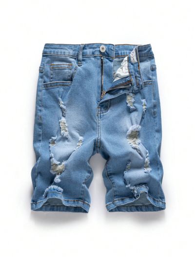 New Arrival Tween Boy's Casual Stylish Mid Blue Ripped Washed Denim Shorts