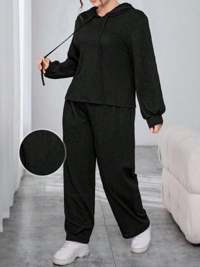 SHEIN Essnce Plus Size Women'S Textured Hooded Top & Pants Set