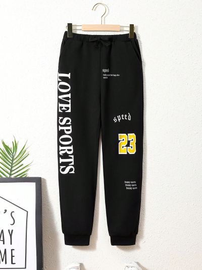 SHEIN Kids SPRTY Tween Boys' Loose Sports Letter Pattern Knitted Long Sweatpants