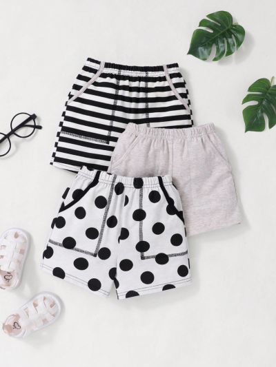 SHEIN Unisex Baby Casual Striped Polka Dot Elastic Waist Shorts 3pcs Outfit Set