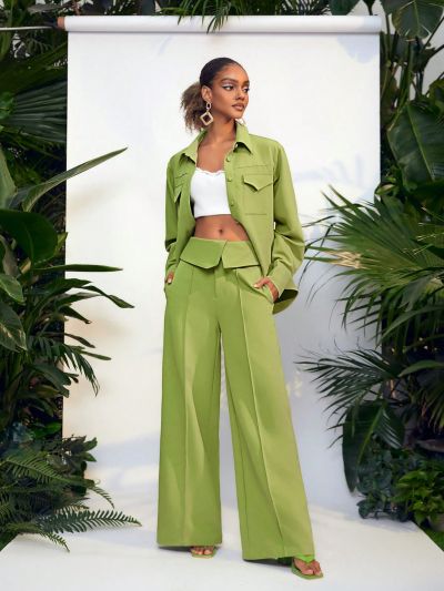 Sarah Dakkak High Waist Suit Pants With Fold Detail