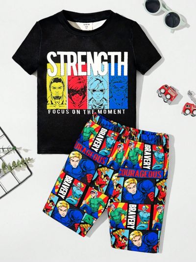 SHEIN Young Boy Cartoon Print Pajama Set, Short Sleeve Round Neck Slim Fit Top And Shorts Homewear Set