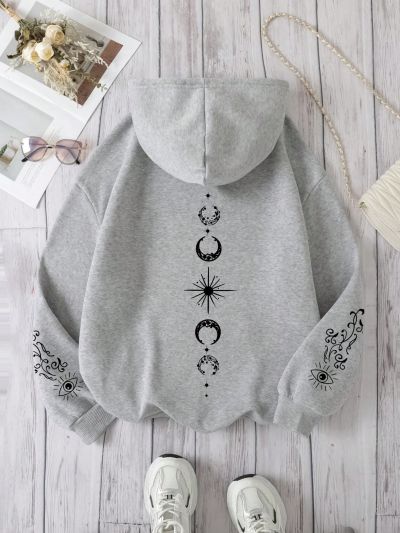 Women's Eye And Moon Printed Hooded Fleece Sweatshirt With Drawstring