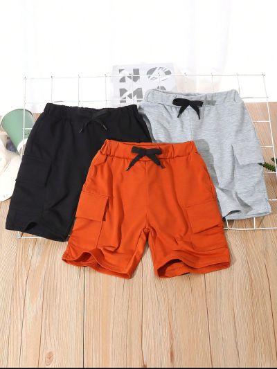 SHEIN Kids EVRYDAY 3pcs/Set Toddler Boys' Summer Pocket Shorts, Yellow/Black/Gray