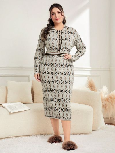 SHEIN Mulvari Plus Size Geometric Knitted Sweater Dress With Buttoned Half Placket