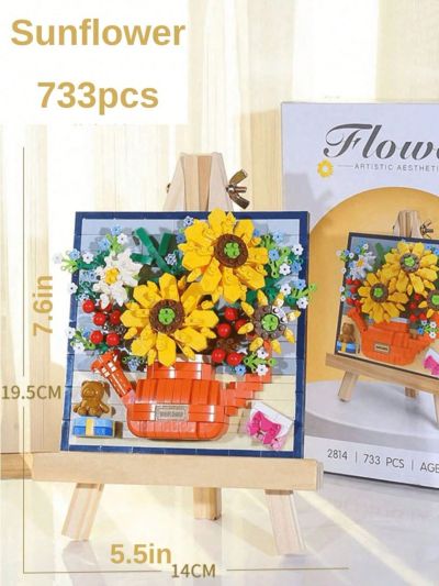 1set Sunflower Flower Paintina Rack Wooden Frame FlowerBuildina Kit For Adults.  Building Block Flowers Mini Building Bricks For Gifts Home Decor BotanicalCollection