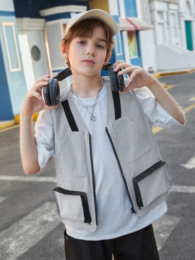 SHEIN Boys' Casual Solid Color Knitted Vest Jacket With Zipper And Pockets