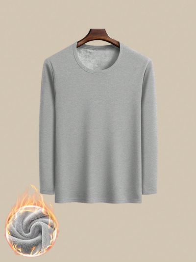 Men's Thermal Solid Long Sleeve Pullover, Soft Fleece Lined Casual Top Base Layer Innerwear