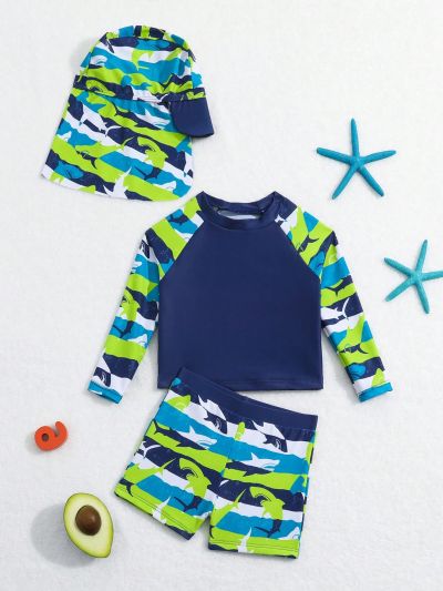 Infant Boys' Color Block Shark Patterned Long Sleeve Rashguard Top And Shorts Swimwear Set With Swimming Cap