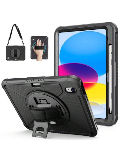 ZtotopCase for iPad 10th Generation Case 10.9 Inch, Shockproof Rugged Drop Protection Cover with 360° Rotatable Kickstand & Shoulder Strap & Pen Holder for 10.9" iPad Case 2022 Released, Black
