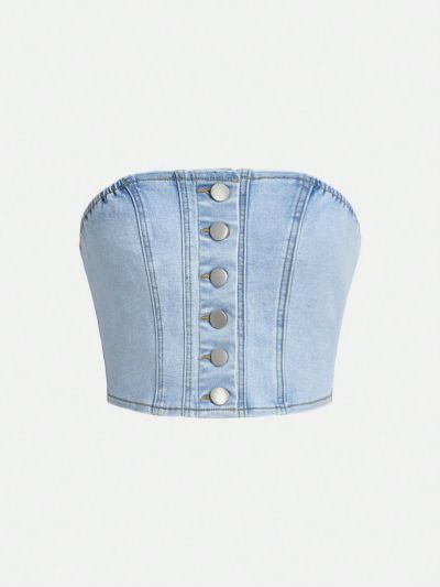 Teen Girls' Denim Bandeau Top With Front Button Closure