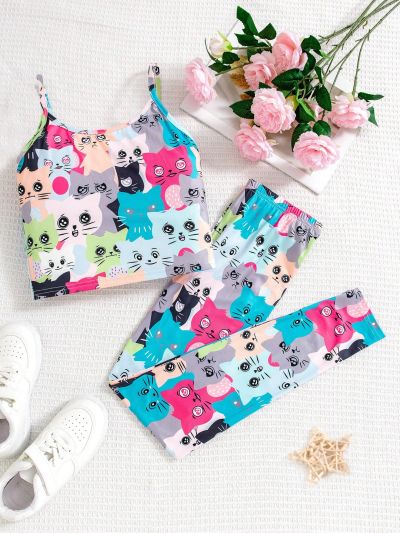 SHEIN Tween Girl Knitted Cat Pattern Cami Top With Knitted Skinny Pants Homewear 2pcs/Set