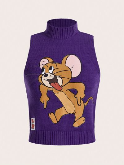 TOM & JERRY X SHEIN Women's Cartoon Pattern Stand Collar Knitted Top