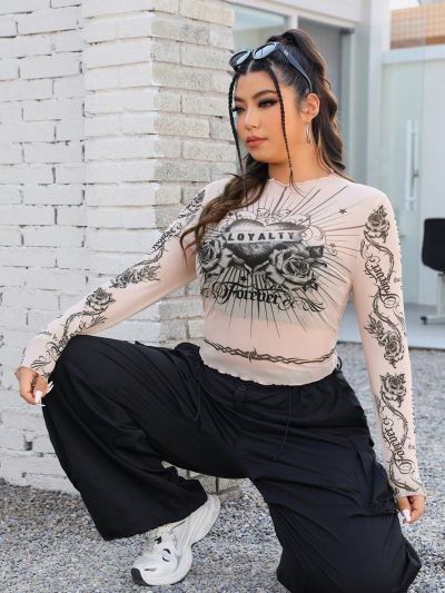 SHEIN Coolane Women's Plus Size Floral & Letter Printed Long Sleeve Top