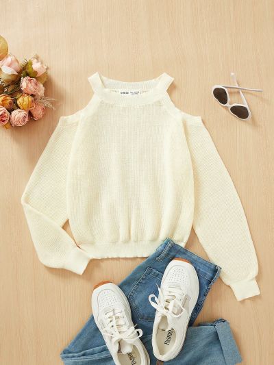SHEIN Teen Girls' Long Sleeve Hollow Out Shoulder Casual Sweater