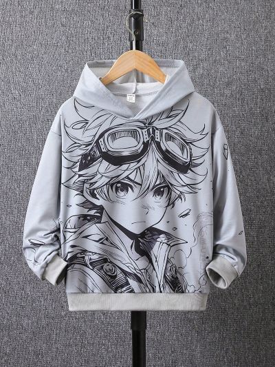 SHEIN Kids EVRYDAY Tween Boys' Leisure 2d Printed Hooded Long Sleeve Knit Sweatshirt For Autumn