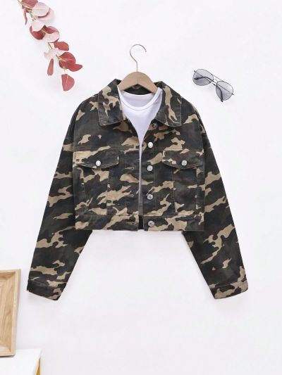 Teen Girls' Stylish Camouflage Short Denim Jacket For Streetwear