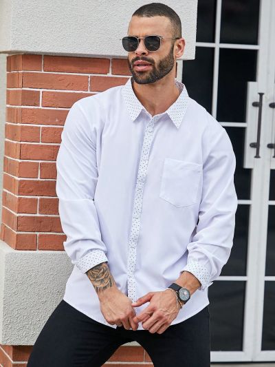 Manfinity Mode Plus Size Men's Polka Dot Colorblock Long Sleeve Shirt