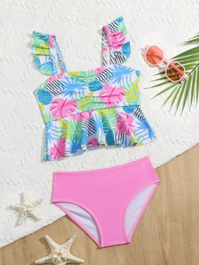 Young Girls' Plant Print Tank Top Bikini Split Swimsuit