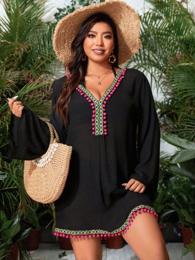 SHEIN Swim BohoFeel Plus Size Women's Geometric Patchwork Tassel Cover Up With Weave Straps
