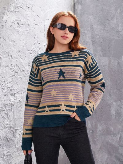 Teen Girls' Striped & Star Pattern Drop Shoulder Sweater