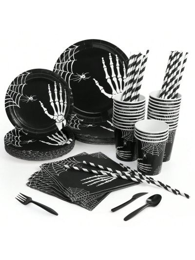 200 pcs Halloween Party Supplies Dinnerware Set of Paper Plates, Napkins, Paper Cups, Plastic Utensils for Halloween Party Decoration, for 25
