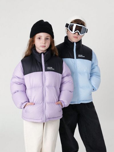 Young Girls' Outdoor Windproof Fashion Color Blocking Hooded Down Jacket With Three-proofing Warm Collar For Winter