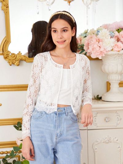 Teen Girl's Elegant Lace Trim Shell Edge Thin Jacket