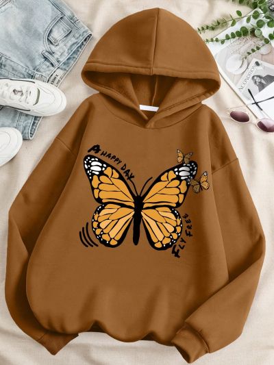 Teen Girls' Butterfly And Letter Printed Hooded Fleece Sweatshirt