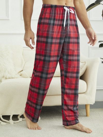 Men's Plaid Homewear Pants With Knot Front