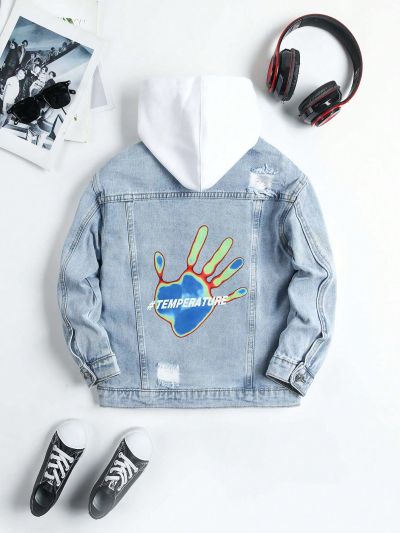 Boys' Broken Hole Denim Jacket With Slogan Print