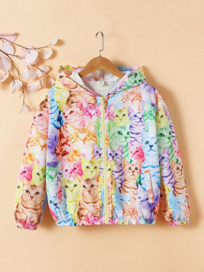 SHEIN Tween Girls' Loose Fit Hoodie Jacket With Cute Cat Print