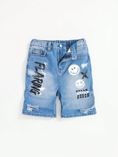 SHEIN Boys' Casual Mid-waist Slim Fit Denim Shorts With Letter, Face Print And Distressed Detail