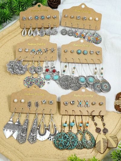 36pairs Bohemian Style Antique Silver Geometric Shaped Alloy & Multicolor Beaded Drop Earrings Set For Women