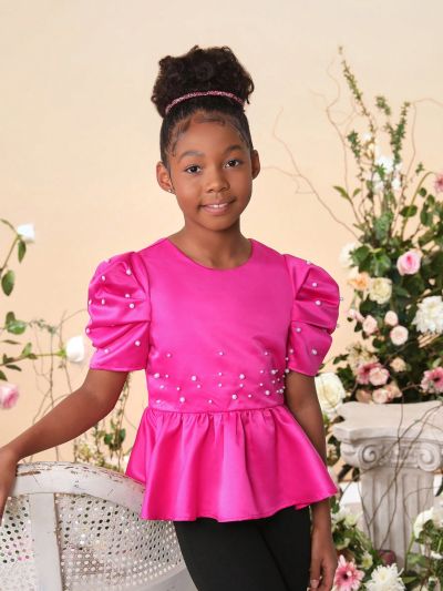 SHEIN Kids Cooltwn Tween Girls' Casual Short Sleeve Embellished Woven Shirt For Spring And Summer