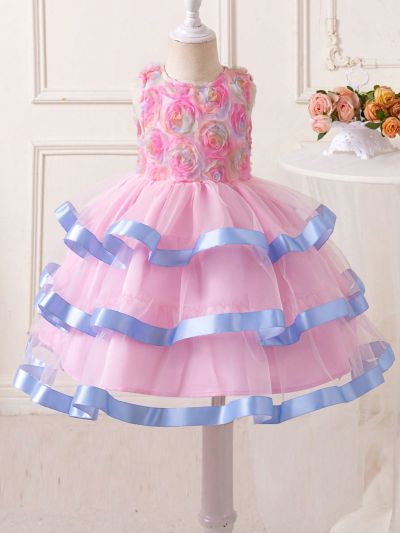 SHEIN Kids CHARMNG Young Girl Round Neck 3d Flower Mesh Layered Ruffle Hem Dress