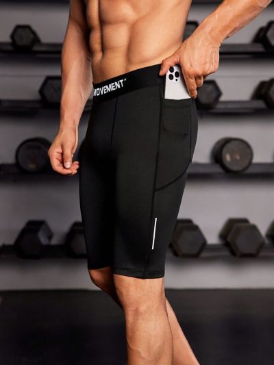 Men Letter Tape Waist Sports Tights
